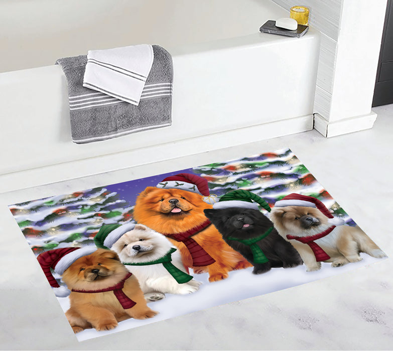 Chow Chow Dogs Christmas Family Portrait in Holiday Scenic Background Bath Mat