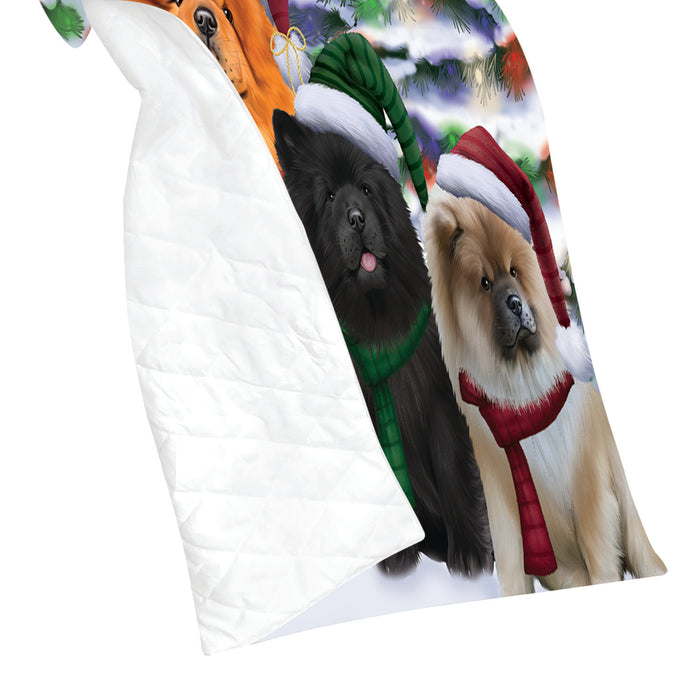 Chow Chow Dogs Christmas Family Portrait in Holiday Scenic Background Quilt