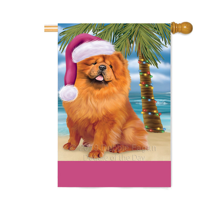 Personalized Summertime Happy Holidays Christmas Chow Chow Dog on Tropical Island Beach Custom House Flag FLG-DOTD-A60511