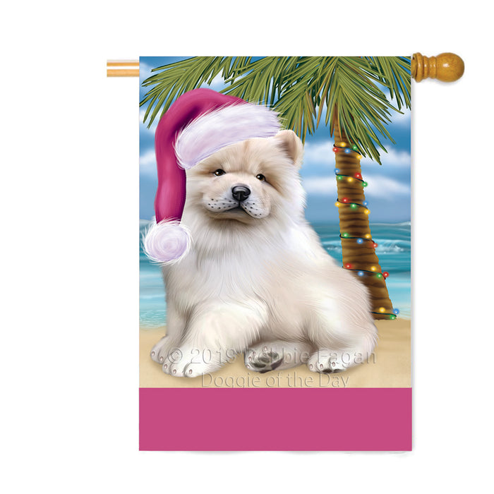 Personalized Summertime Happy Holidays Christmas Chow Chow Dog on Tropical Island Beach Custom House Flag FLG-DOTD-A60512