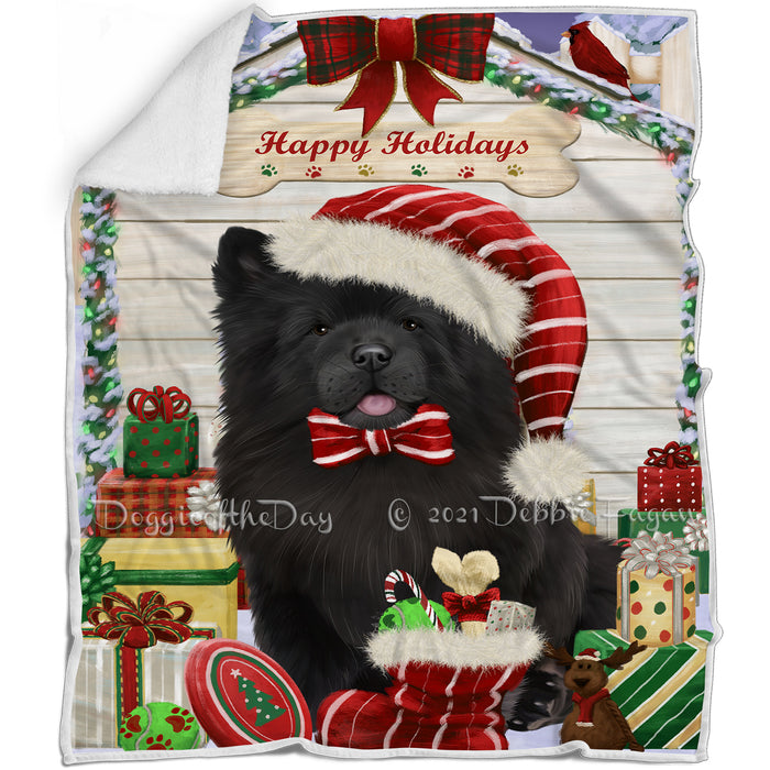Happy Holidays Christmas Chow Chow Dog House with Presents Blanket BLNKT78807