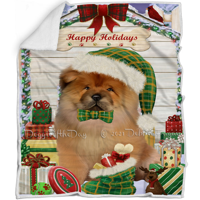 Happy Holidays Christmas Chow Chow Dog House with Presents Blanket BLNKT78780