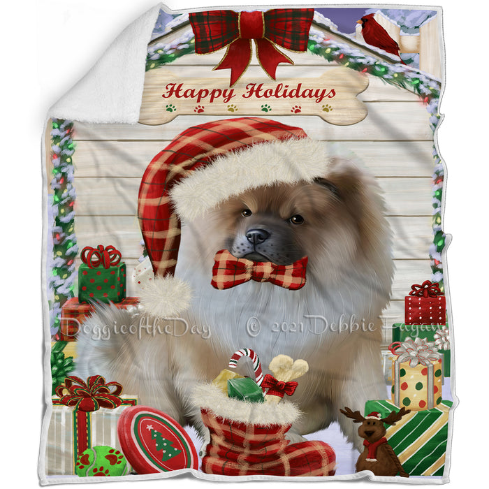Happy Holidays Christmas Chow Chow Dog House with Presents Blanket BLNKT78798