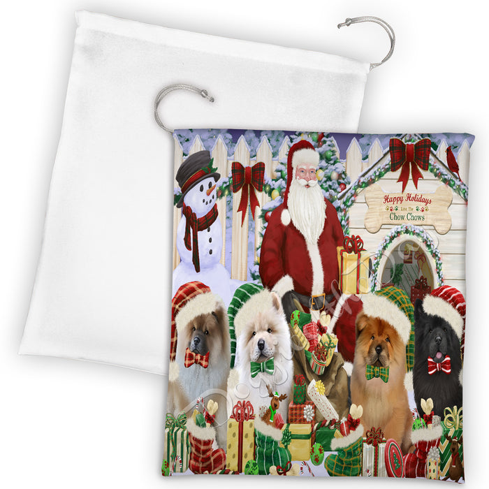 Happy Holidays Christmas Chow Chow Dogs House Gathering Drawstring Laundry or Gift Bag LGB48036