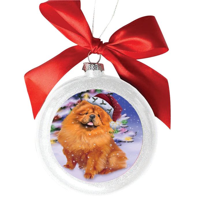Winterland Wonderland Chow Chow Dog In Christmas Holiday Scenic Background White Round Ball Christmas Ornament WBSOR49554