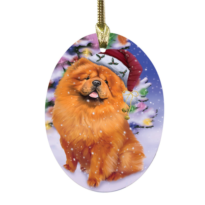 Winterland Wonderland Chow Chow Dog In Christmas Holiday Scenic Background Oval Glass Christmas Ornament OGOR49554