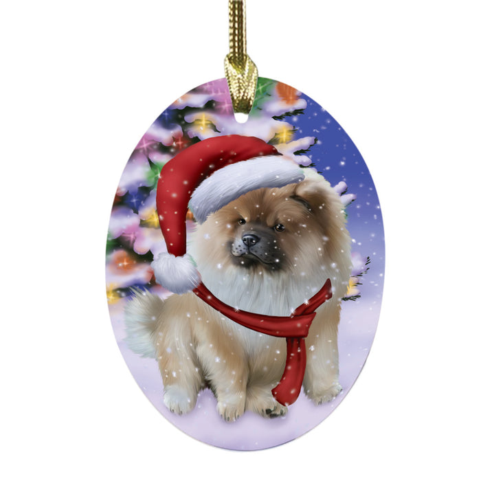 Winterland Wonderland Chow Chow Dog In Christmas Holiday Scenic Background Oval Glass Christmas Ornament OGOR49555