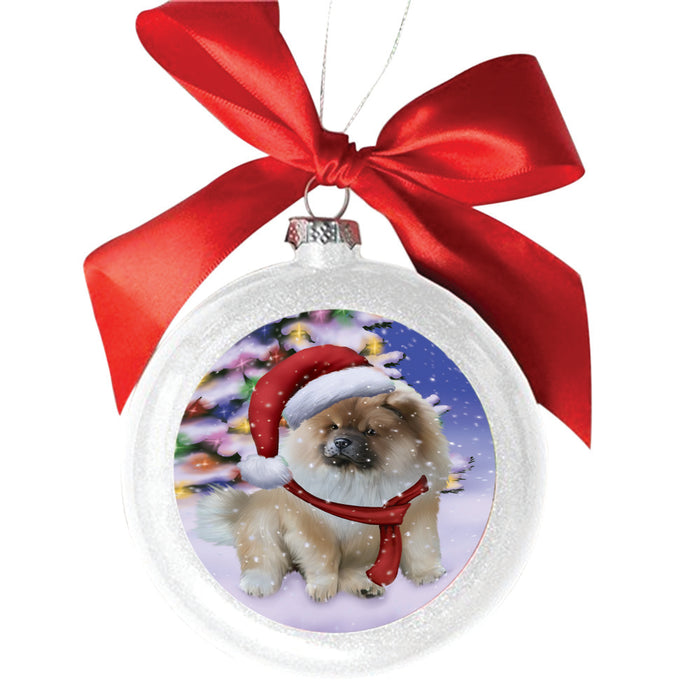 Winterland Wonderland Chow Chow Dog In Christmas Holiday Scenic Background White Round Ball Christmas Ornament WBSOR49555