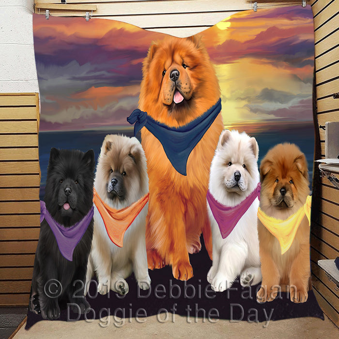 Family Sunset Portrait Chow Chow Dogs Quilt