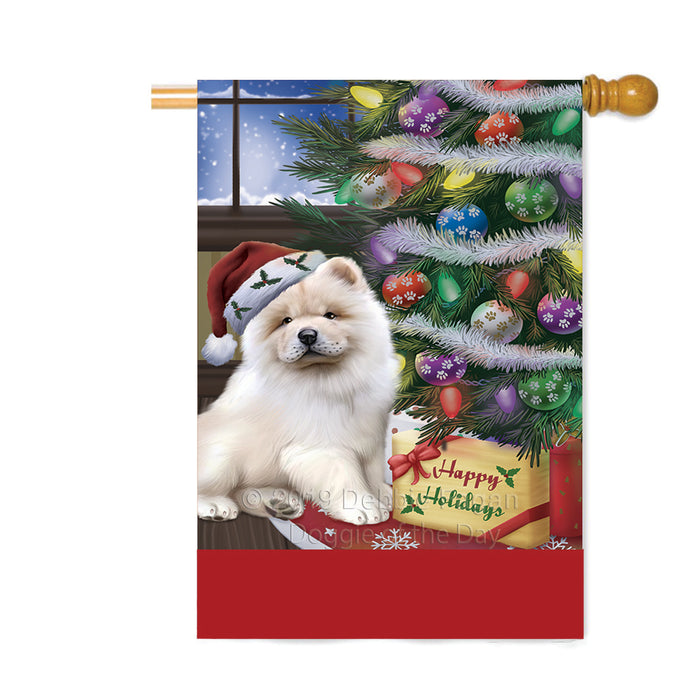 Personalized Christmas Happy Holidays Chow Chow Dog with Tree and Presents Custom House Flag FLG-DOTD-A58673