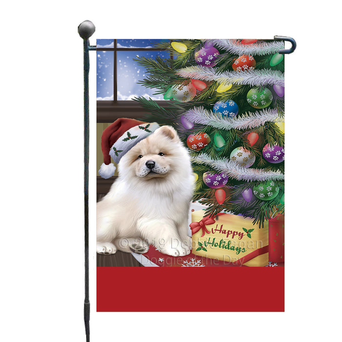 Personalized Christmas Happy Holidays Chow Chow Dog with Tree and Presents Custom Garden Flags GFLG-DOTD-A58617