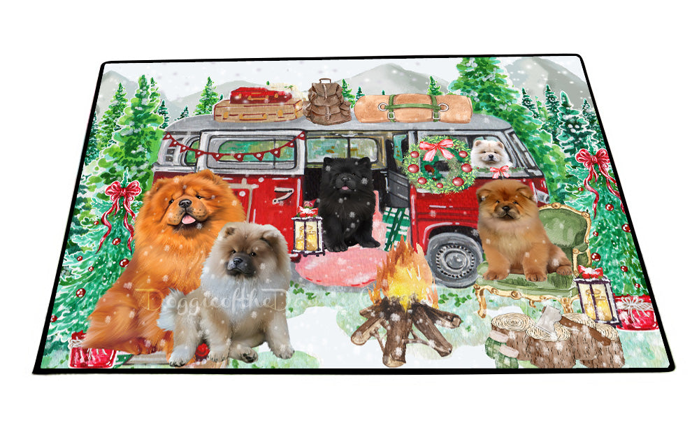 Christmas Time Camping with Chow Chow Dogs Floor Mat- Anti-Slip Pet Door Mat Indoor Outdoor Front Rug Mats for Home Outside Entrance Pets Portrait Unique Rug Washable Premium Quality Mat