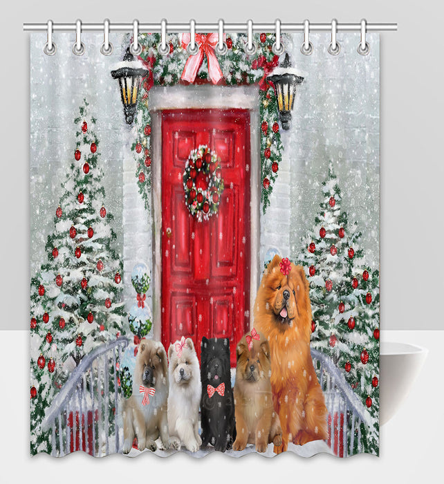 Christmas Holiday Welcome Chow Chow Dogs Shower Curtain Pet Painting Bathtub Curtain Waterproof Polyester One-Side Printing Decor Bath Tub Curtain for Bathroom with Hooks
