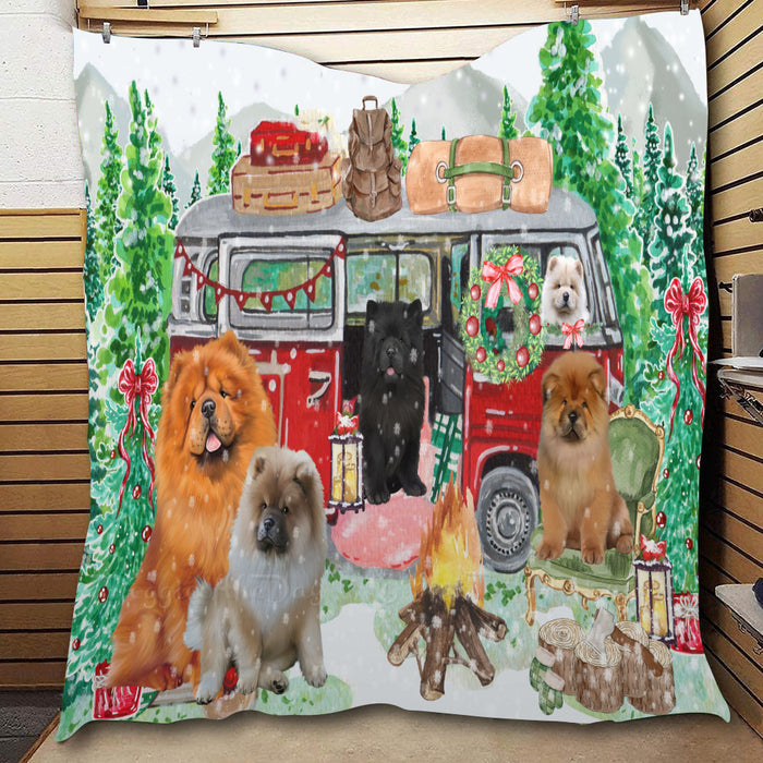 Christmas Time Camping with Chow Chow Dogs  Quilt Bed Coverlet Bedspread - Pets Comforter Unique One-side Animal Printing - Soft Lightweight Durable Washable Polyester Quilt