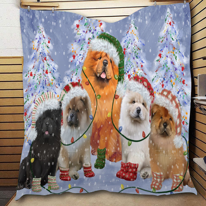 Christmas Lights and Chow Chow Dogs  Quilt Bed Coverlet Bedspread - Pets Comforter Unique One-side Animal Printing - Soft Lightweight Durable Washable Polyester Quilt
