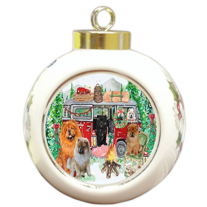 Christmas Time Camping with Chow Chow Dogs Round Ball Christmas Ornament Pet Decorative Hanging Ornaments for Christmas X-mas Tree Decorations - 3" Round Ceramic Ornament