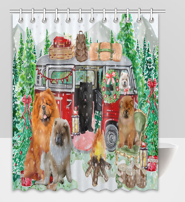 Christmas Time Camping with Chow Chow Dogs Shower Curtain Pet Painting Bathtub Curtain Waterproof Polyester One-Side Printing Decor Bath Tub Curtain for Bathroom with Hooks
