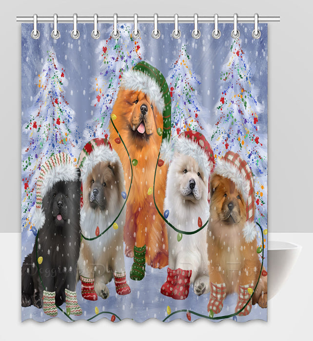 Christmas Lights and Chow Chow Dogs Shower Curtain Pet Painting Bathtub Curtain Waterproof Polyester One-Side Printing Decor Bath Tub Curtain for Bathroom with Hooks