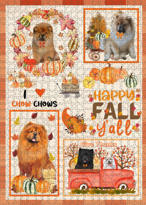 Happy Fall Y'all Pumpkin Chow Chow Dogs Portrait Jigsaw Puzzle for Adults Animal Interlocking Puzzle Game Unique Gift for Dog Lover's with Metal Tin Box