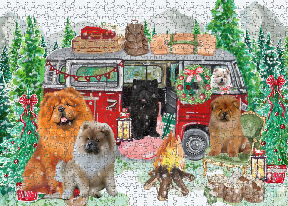 Christmas Time Camping with Chow Chow Dogs Portrait Jigsaw Puzzle for Adults Animal Interlocking Puzzle Game Unique Gift for Dog Lover's with Metal Tin Box