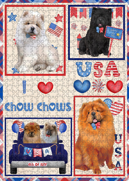 4th of July Independence Day I Love USA Chow Chow Dogs Portrait Jigsaw Puzzle for Adults Animal Interlocking Puzzle Game Unique Gift for Dog Lover's with Metal Tin Box