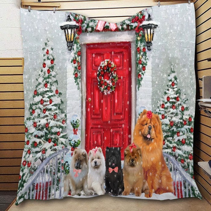 Christmas Holiday Welcome Chow Chow Dogs  Quilt Bed Coverlet Bedspread - Pets Comforter Unique One-side Animal Printing - Soft Lightweight Durable Washable Polyester Quilt