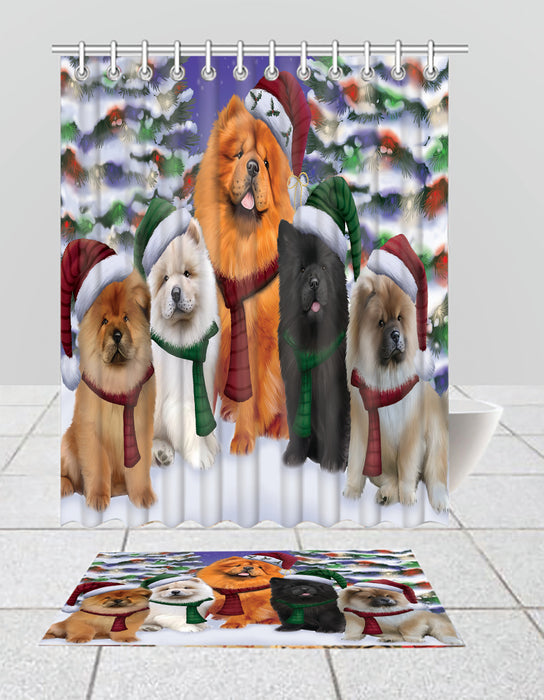 Chow Chow Dogs Christmas Family Portrait in Holiday Scenic Background  Bath Mat and Shower Curtain Combo