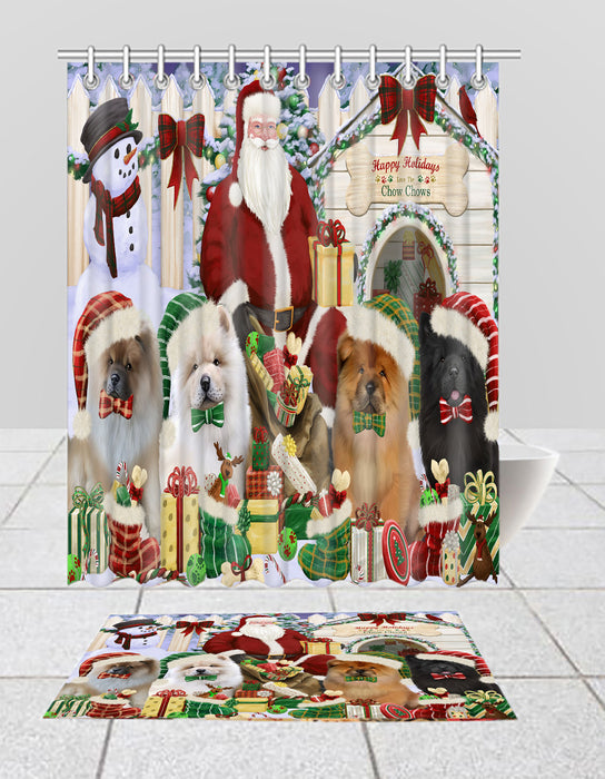 Happy Holidays Christmas Chow Chow Dogs House Gathering Bath Mat and Shower Curtain Combo