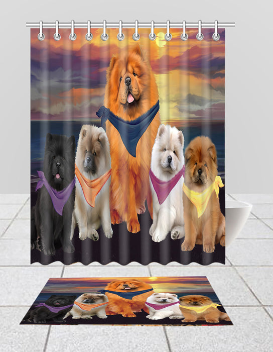Family Sunset Portrait Chow Chow Dogs Bath Mat and Shower Curtain Combo