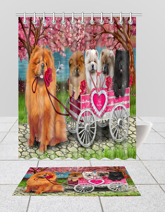 I Love Chow Chow Dogs in a Cart Bath Mat and Shower Curtain Combo