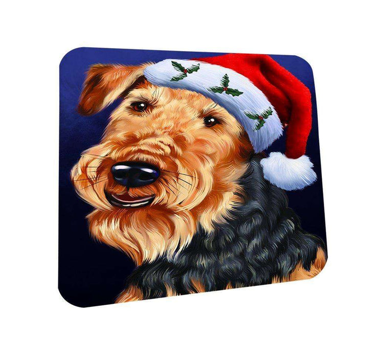 Christmas Airedales Dog Holiday Portrait with Santa Hat Coasters Set of 4