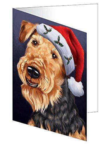 Christmas Airedales Dog Holiday Portrait with Santa Hat Handmade Artwork Assorted Pets Greeting Cards and Note Cards with Envelopes for All Occasions and Holiday Seasons