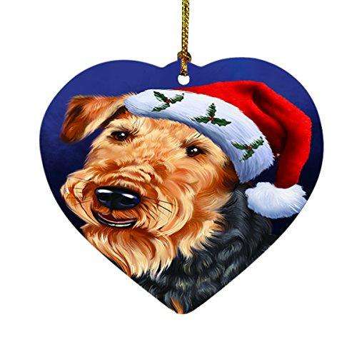 Christmas Airedales Dog Holiday Portrait with Santa Hat Heart Ornament D015
