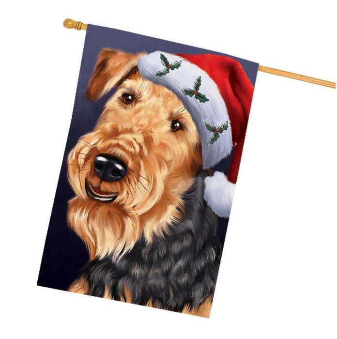 Christmas Airedales Dog Holiday Portrait with Santa Hat House Flag