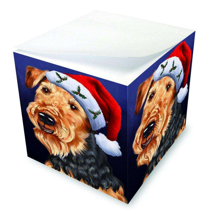 Christmas Airedales Dog Holiday Portrait with Santa Hat Note Cube D011