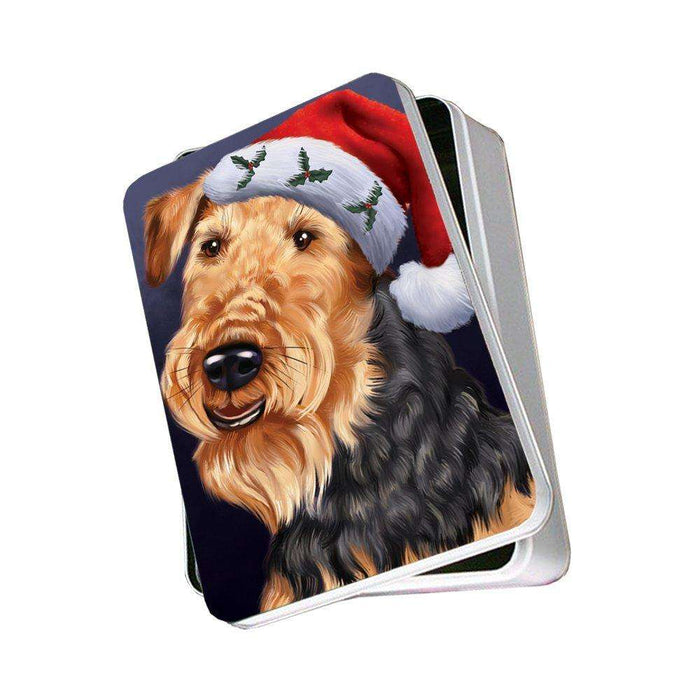 Christmas Airedales Dog Holiday Portrait with Santa Hat Photo Storage Tin