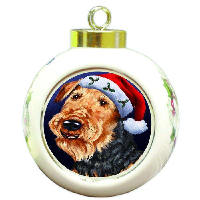 Christmas Airedales Dog Holiday Portrait with Santa Hat Round Ball Ornament D015