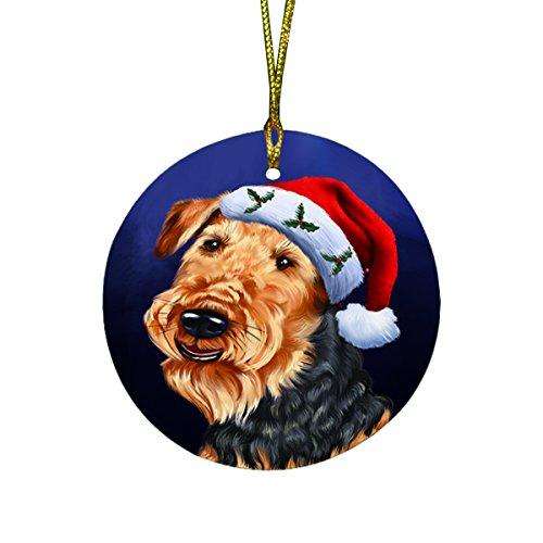 Christmas Airedales Dog Holiday Portrait with Santa Hat Round Ornament D015