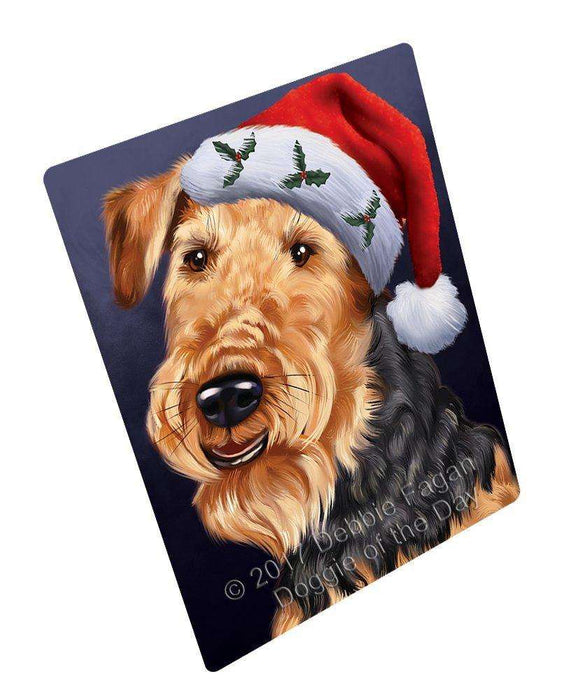 Christmas Airedales Dog Holiday Portrait with Santa Hat Tempered Cutting Board (Small)