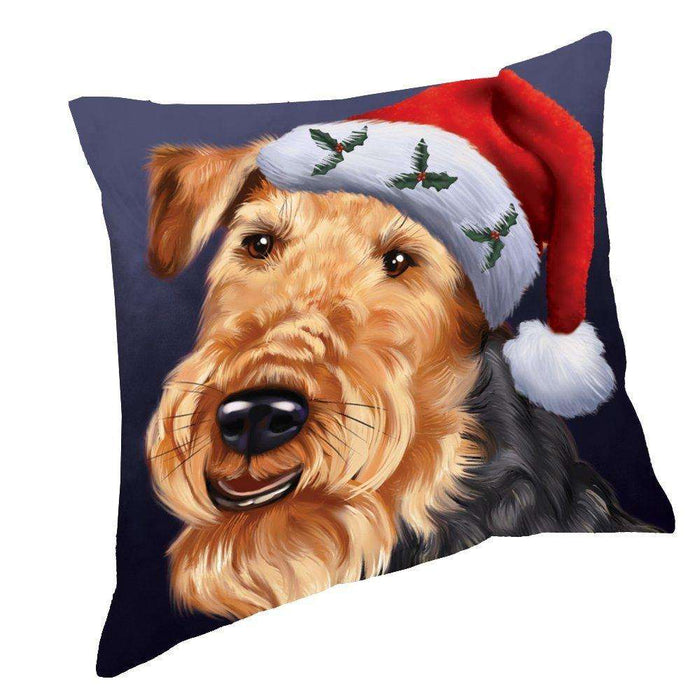 Christmas Airedales Dog Holiday Portrait with Santa Hat Throw Pillow