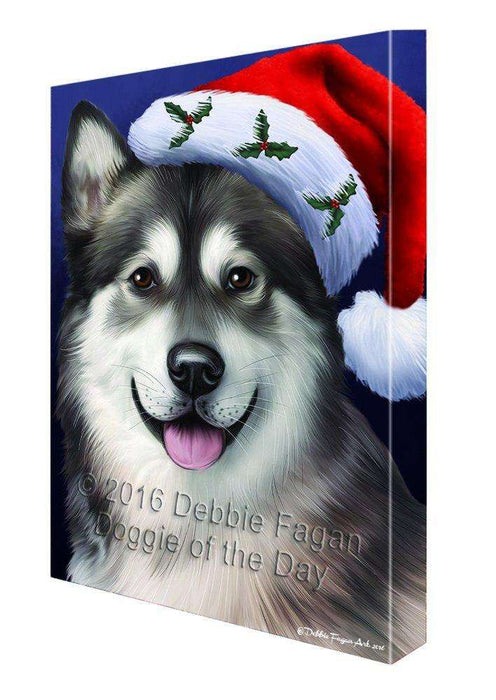Christmas Alaskan Malamute Dog Holiday Portrait with Santa Hat Canvas Wall Art