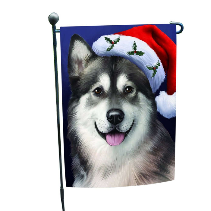 Christmas Alaskan Malamute Dog Holiday Portrait with Santa Hat Garden Flag