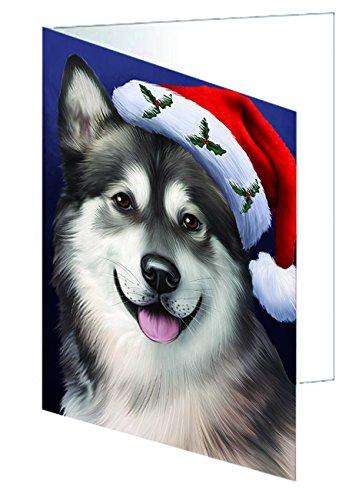 Christmas Alaskan Malamute Dog Holiday Portrait with Santa Hat Handmade Artwork Assorted Pets Greeting Cards and Note Cards with Envelopes for All Occasions and Holiday Seasons