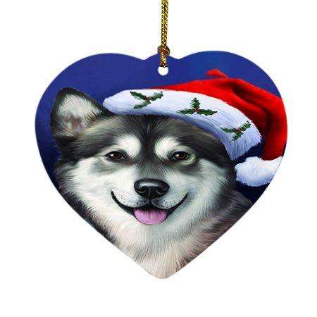 Christmas Alaskan Malamute Dog Holiday Portrait with Santa Hat Heart Ornament D005