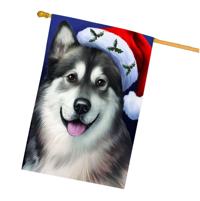 Christmas Alaskan Malamute Dog Holiday Portrait with Santa Hat House Flag