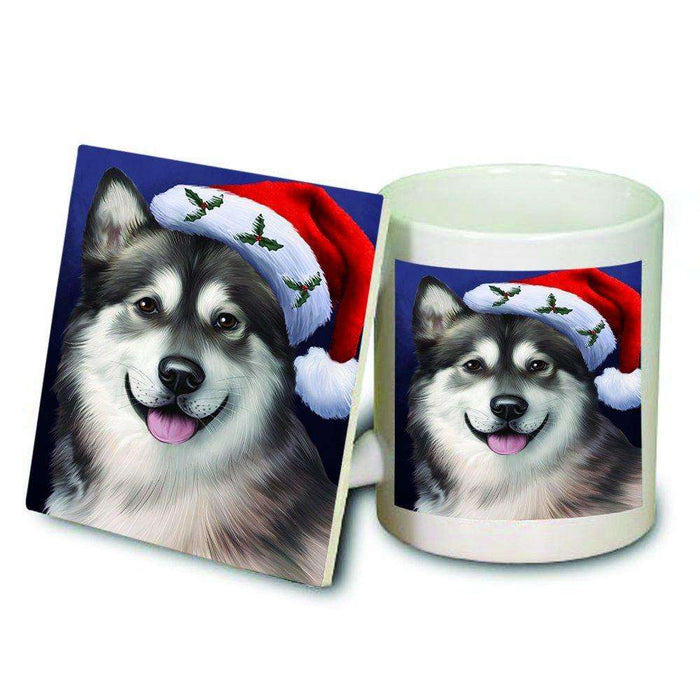 Christmas Alaskan Malamute Dog Holiday Portrait with Santa Hat Mug and Coaster Set
