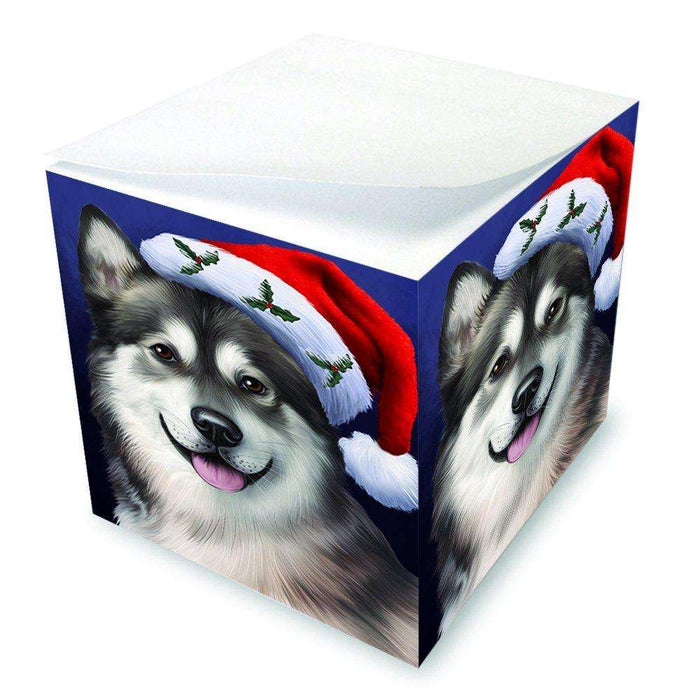 Christmas Alaskan Malamute Dog Holiday Portrait with Santa Hat Note Cube D001