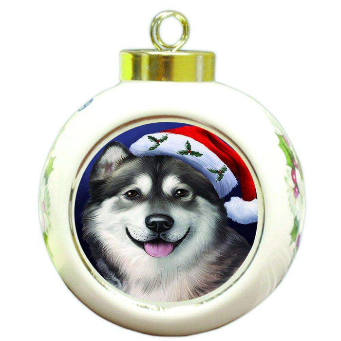 Christmas Alaskan Malamute Dog Holiday Portrait with Santa Hat Round Ball Ornament D005