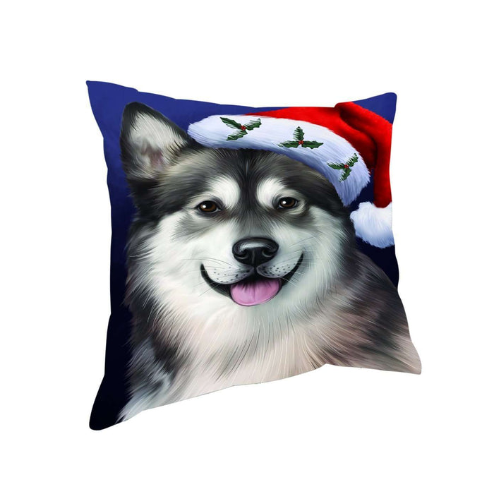 Christmas Alaskan Malamute Dog Holiday Portrait with Santa Hat Throw Pillow