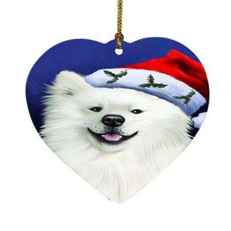 Christmas American Eskimo Dog Holiday Portrait with Santa Hat Heart Ornament D006